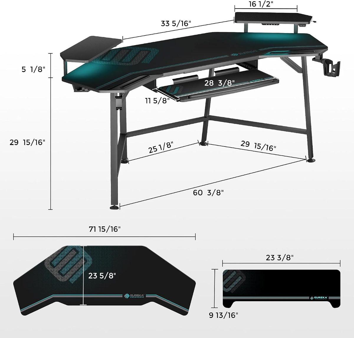 Gaming Desk Wing Shaped Keyboard Tray 72 Inch Black | LED monitor stand with dual headphone hooks and cup holder