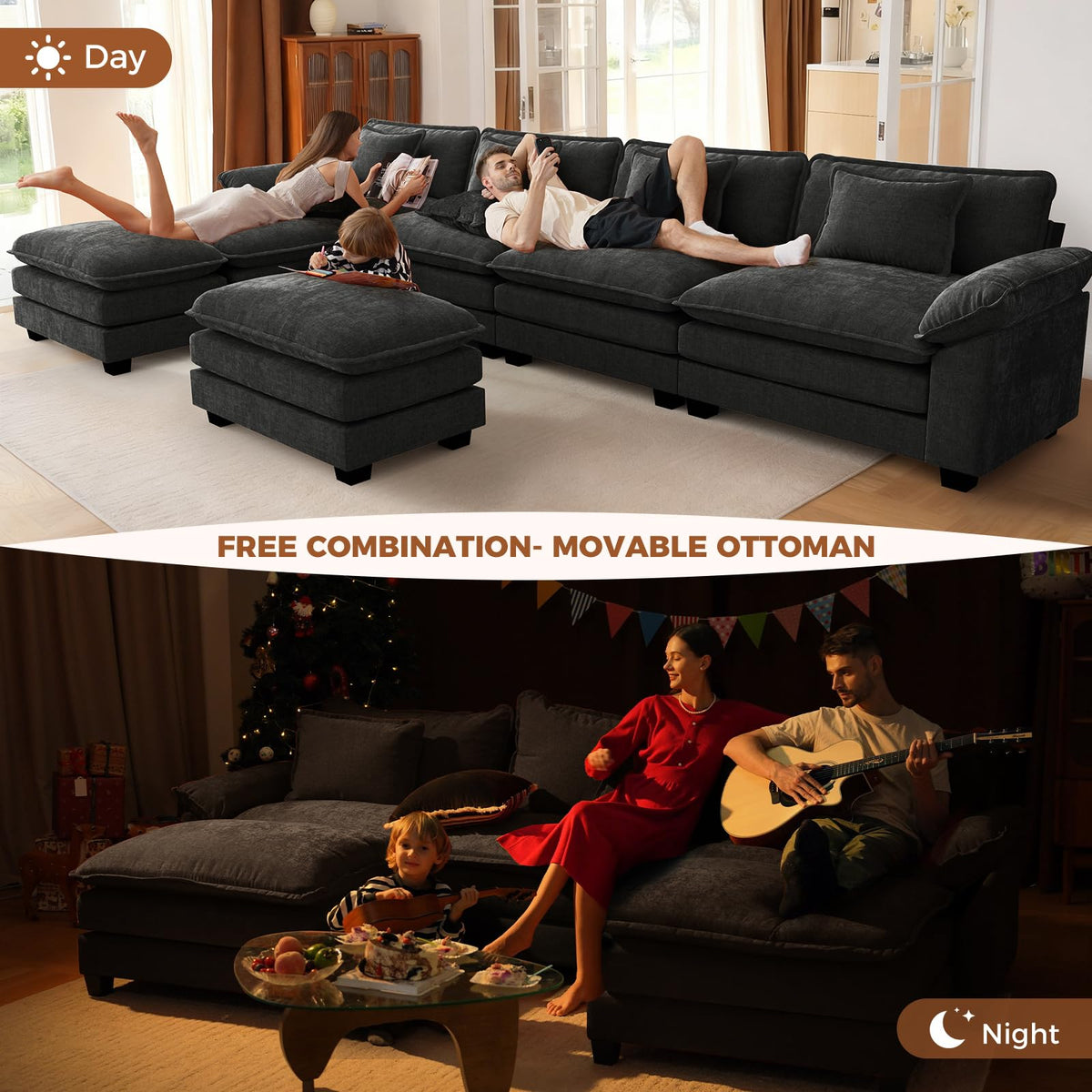 154" Modular Sectional Sofa, Comfy Cloud Couch with 4 Movable Ottomans, Oversized 8-Seater Chenille Deep Seat Sofa