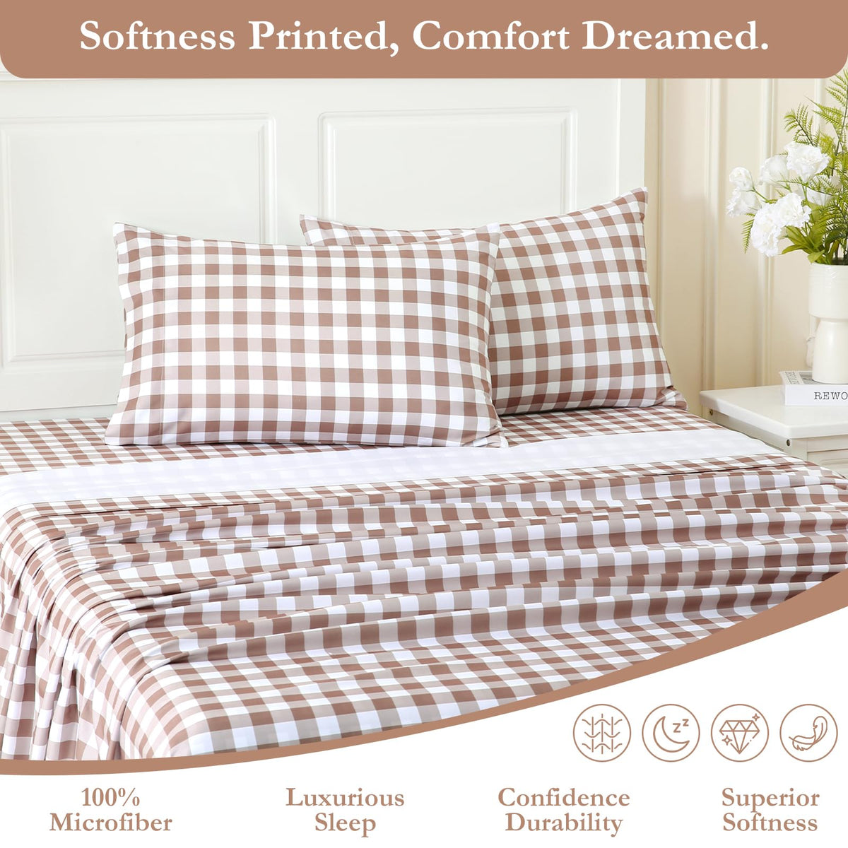 Sheet Set Tan Gingham Plaid, 4-Piece Brushed Microfiber Taupe Grid Bed Sheets, 16" Deep Pocket, Ultra Soft