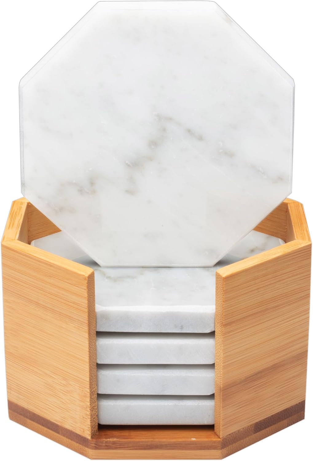 White Carrara Marble Tabletop Coasters with Storage Holder - Set of 5