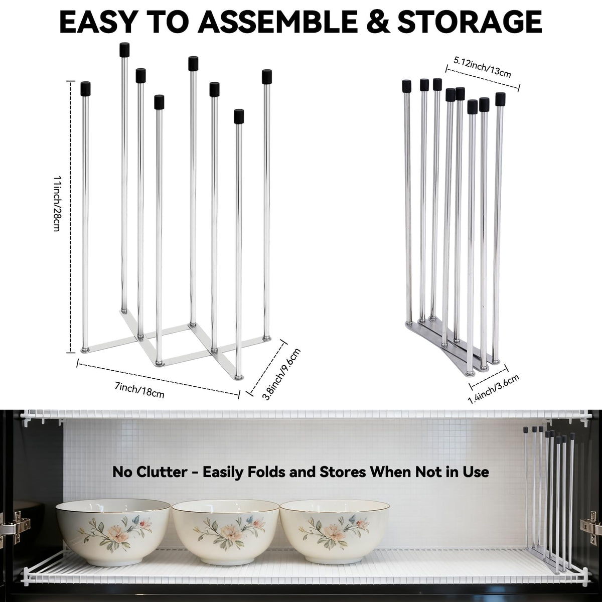 Foldable Baby Bottle Drying Rack, 8-Pole Stainless Steel Collapsible Dryer for Bottles, Cups and Reusable Bags