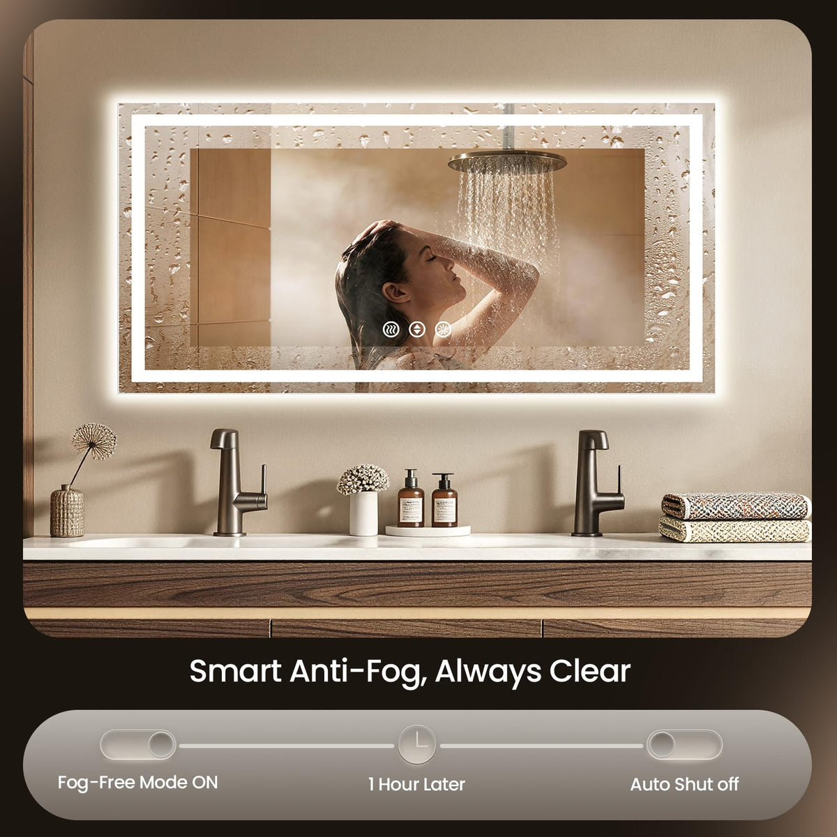 60"x30" LED Bathroom Mirror with Anti-Fog, Backlit & Front Lights, Memory