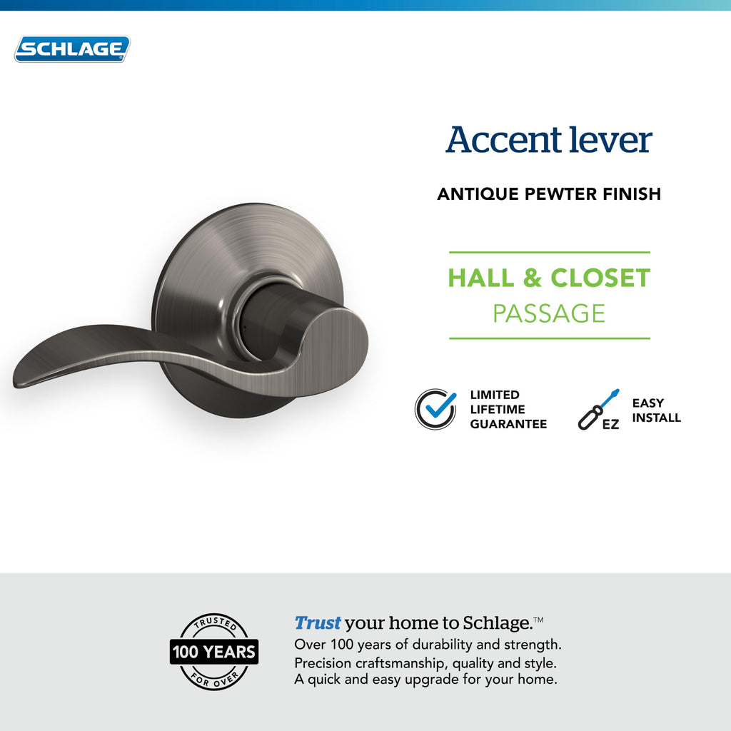 Accent Hall/Closet Passage Door Handle, Reversible, Antique Pewter