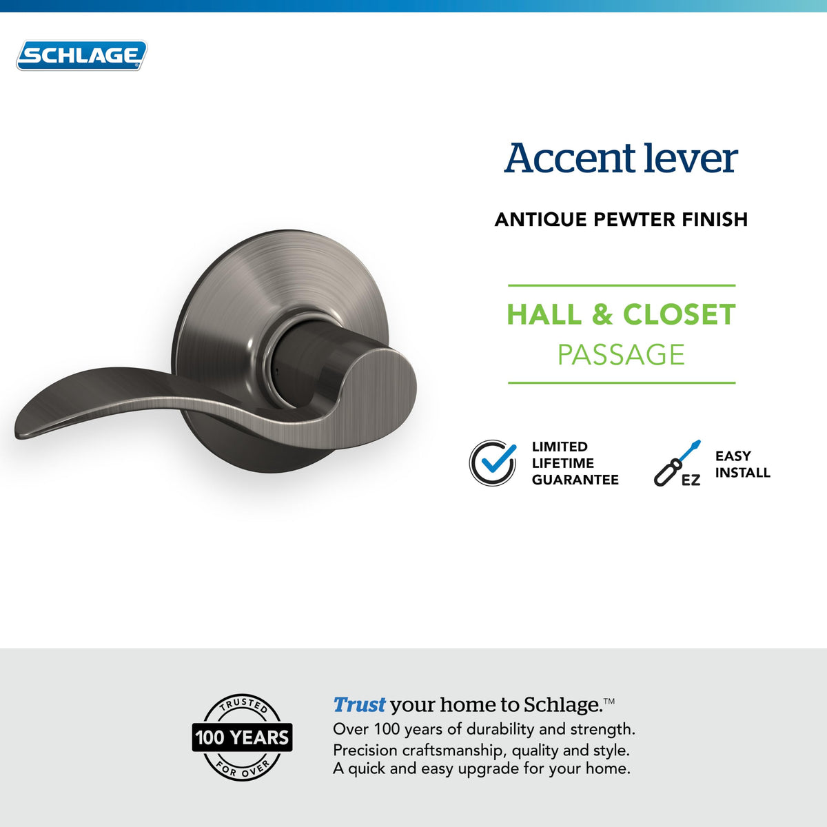 Accent Hall/Closet Passage Door Handle, Reversible, Antique Pewter