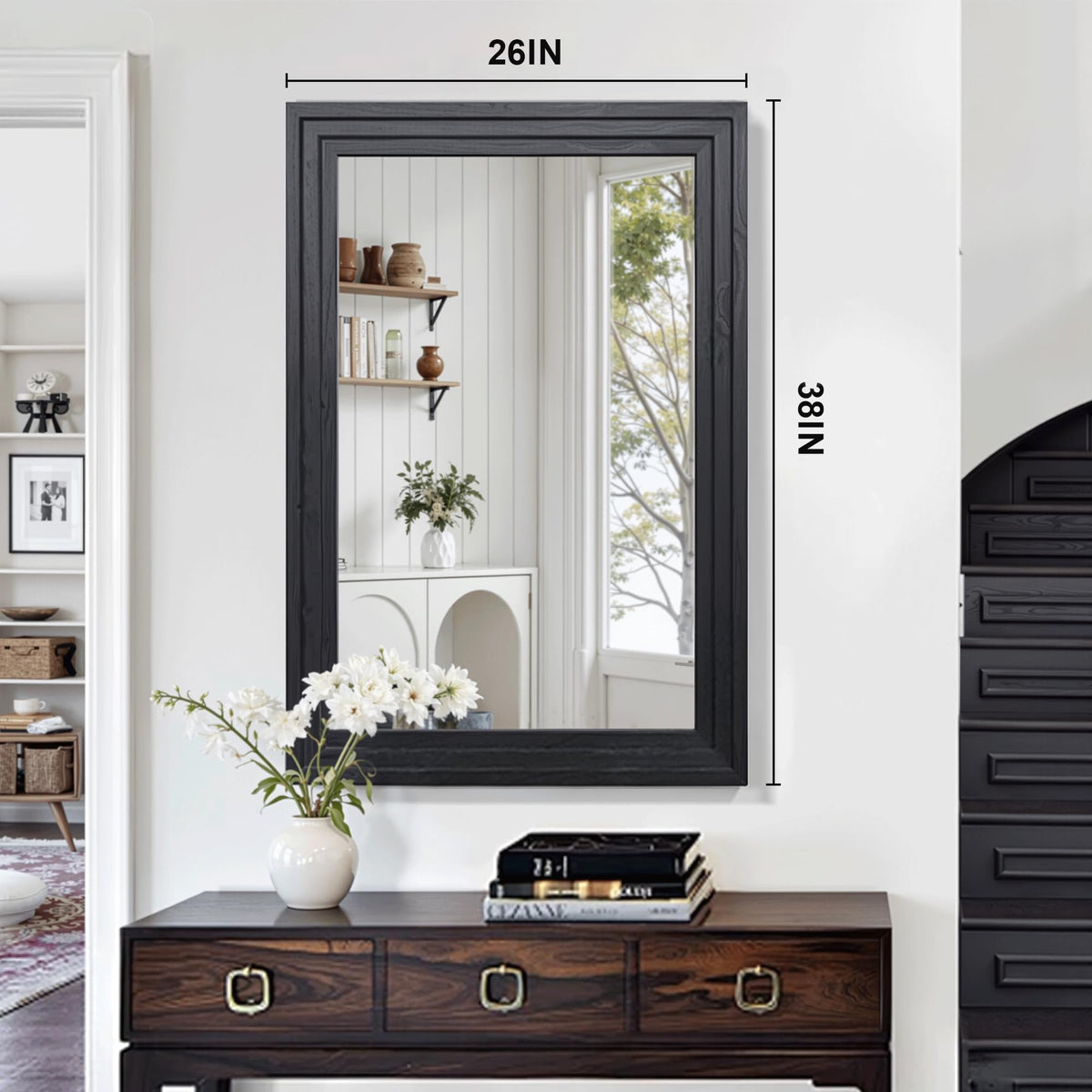 Farmhouse Rustic Wood Framed Bathroom Vanity Mirror for Wall, 26x38, Black