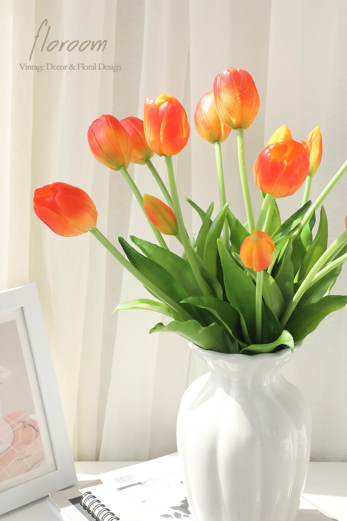 15 Pcs Burnt Orange Artificial Tulips, Real Touch Latex Faux Bouquet with Buds, Lifelike Floral Stems, Fake Flowers