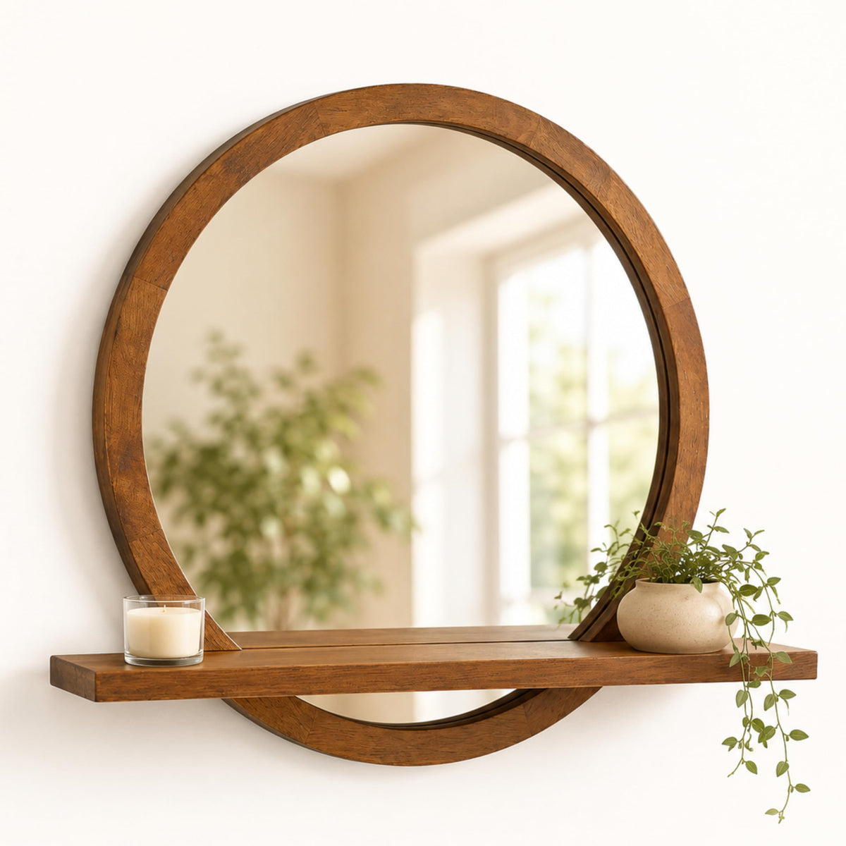 18" Round Wall Mirror with Shelf, Solid Wood Frame