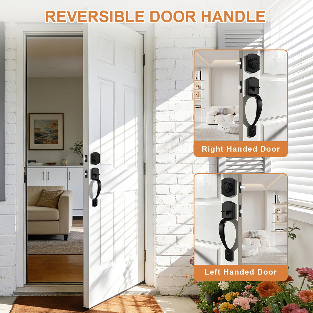 Front Door Lock Handle and Deadbolt Set,Matte Black Exterior Door Lever with Reversible Handle,Front Door Hardware