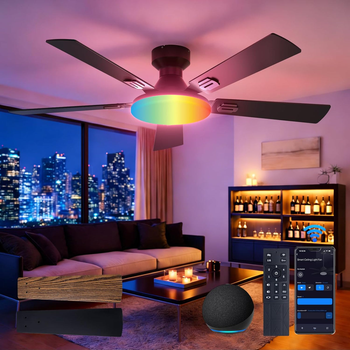 52" Smart Flush Mount Ceiling Fan with Light & Remote