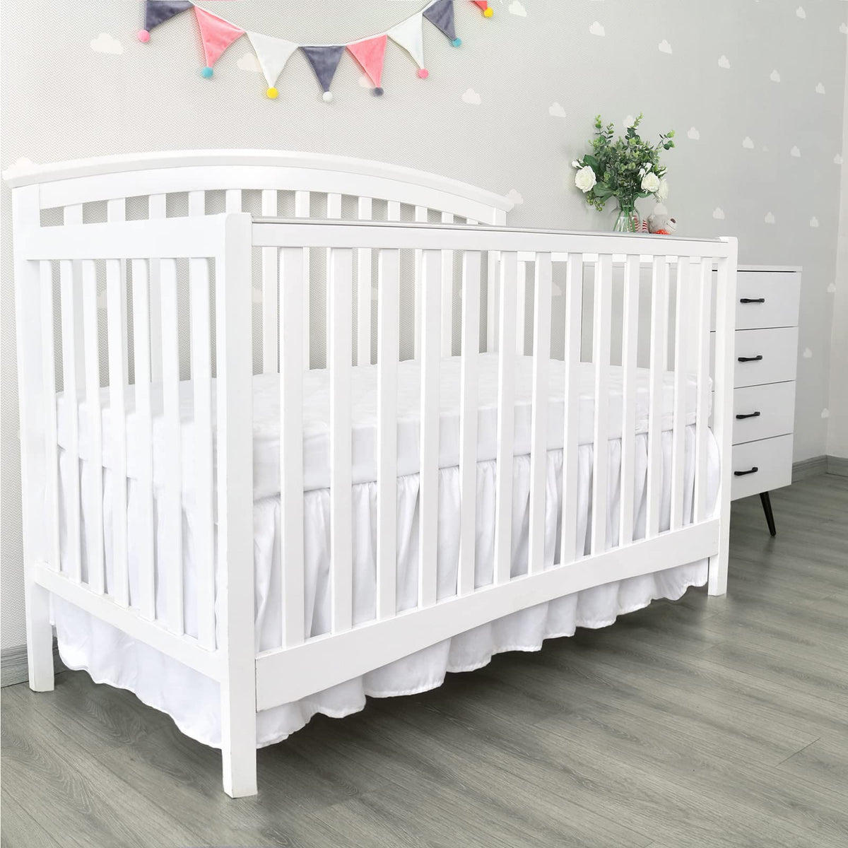 Crib Bed Skirt 14" Drop, Fits 28"x52" Crib, Adjustable, White