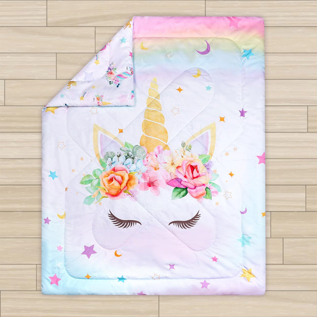 Toddler Bedding Sets for Girls, Unicorn Toddler Crib Bedding Set 4 Piece Pink Floral Toddler Comforter Set Includes