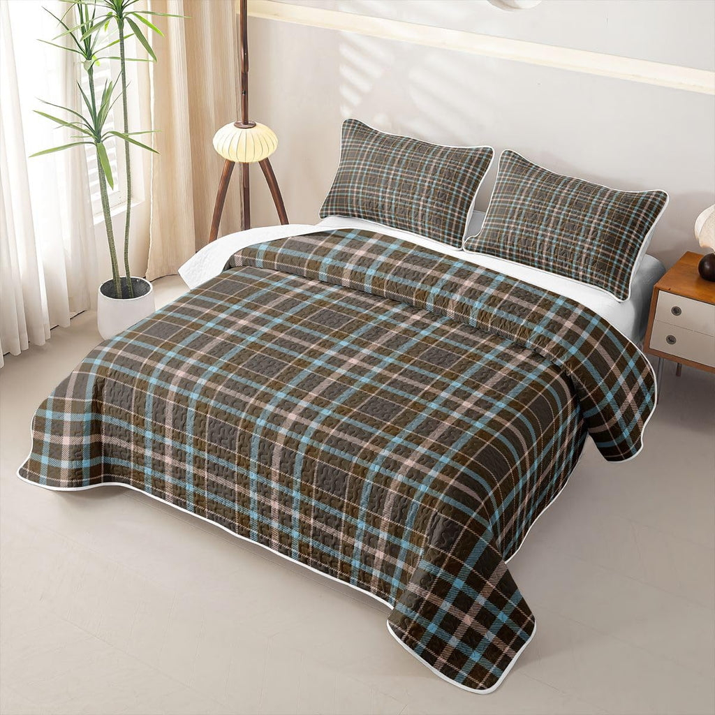 Checkered Plaid Quilt Rustic Stripes Gingham Quilt Set |Brown Blue Grid Coverlet Vintage Checkered Lodge Quilted