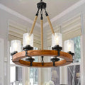 6-Light Wooden Wagon-Wheel Chandelier, Rustic Wood Ring Fixture for Dining Rooms