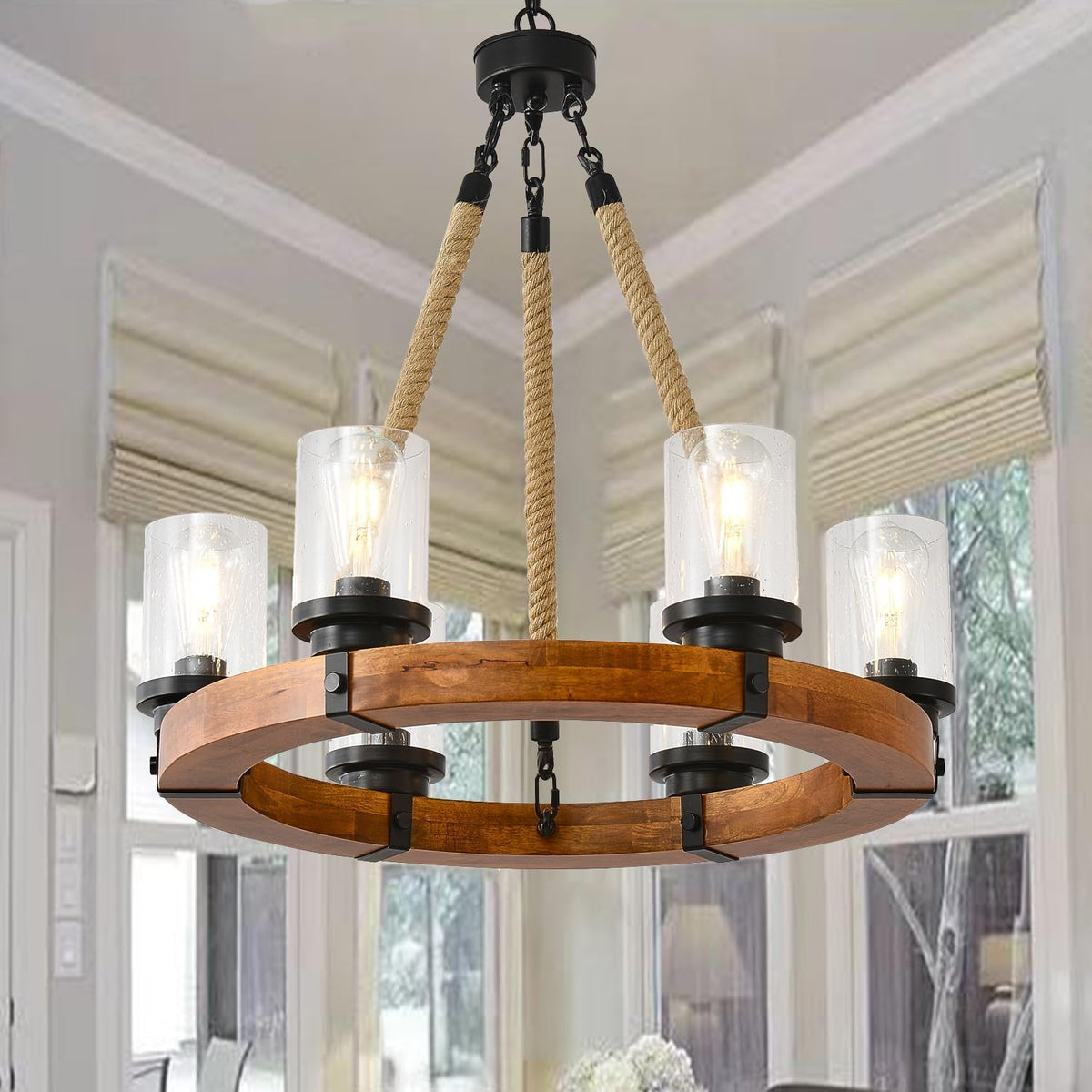 6-Light Wooden Wagon-Wheel Chandelier, Rustic Wood Ring Fixture for Dining Rooms