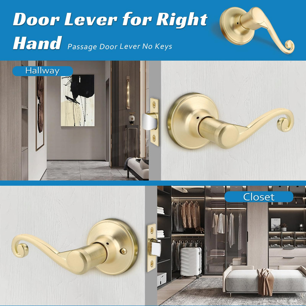 1 Pack Satin Brass Door Handle, Gold Door Lever Passage Function