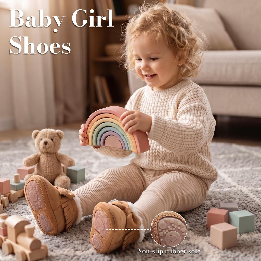 Baby Moccasins with Fur Fleece Rubber Soles Warm Snow Boots Leather Baby Shoes for Boys Girls