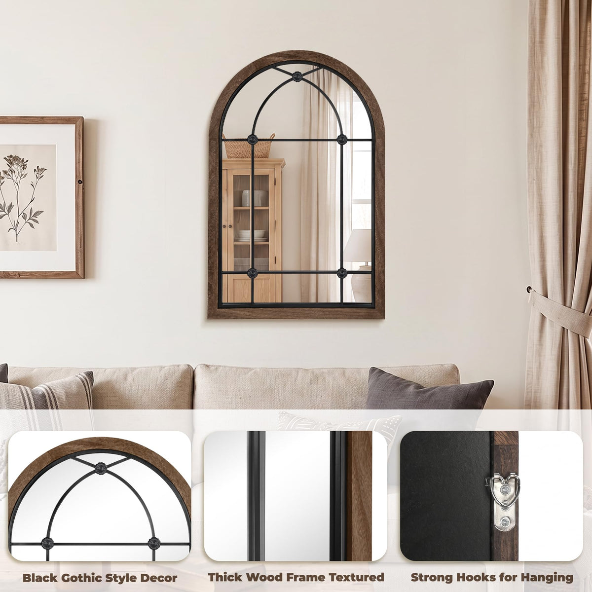 36x24 Inch Arched Window Pane Mirror, Wood Frame Farmhouse Mirror
