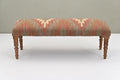 Acacia Wood Kilim Jute Fabric Upholstered Bench | Southwestern Pattern Wooden Ottoman with Turned KD Legs , End of