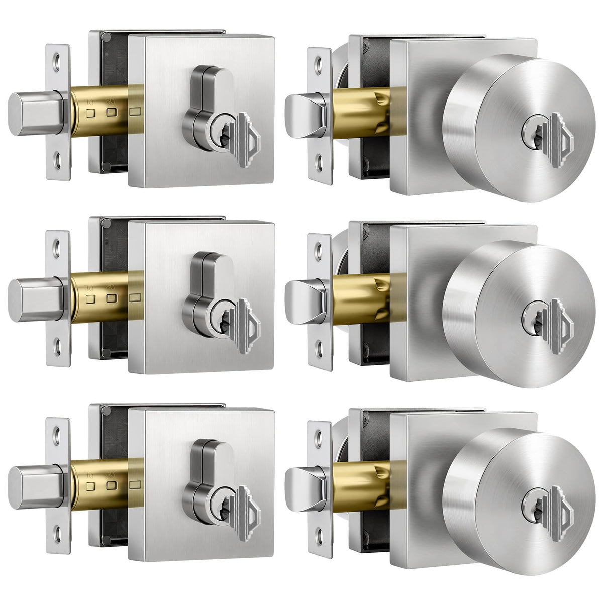 Brushed Nickel Exterior Door Knobs with Deadbolt, Silver 3 Pack