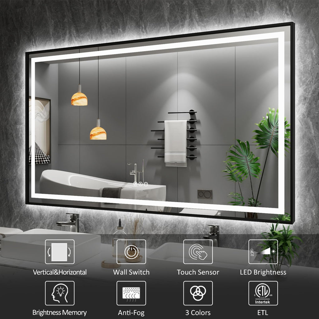 24"X32" LED Bathroom Mirror with Black Frame, Front Lit and Backlit