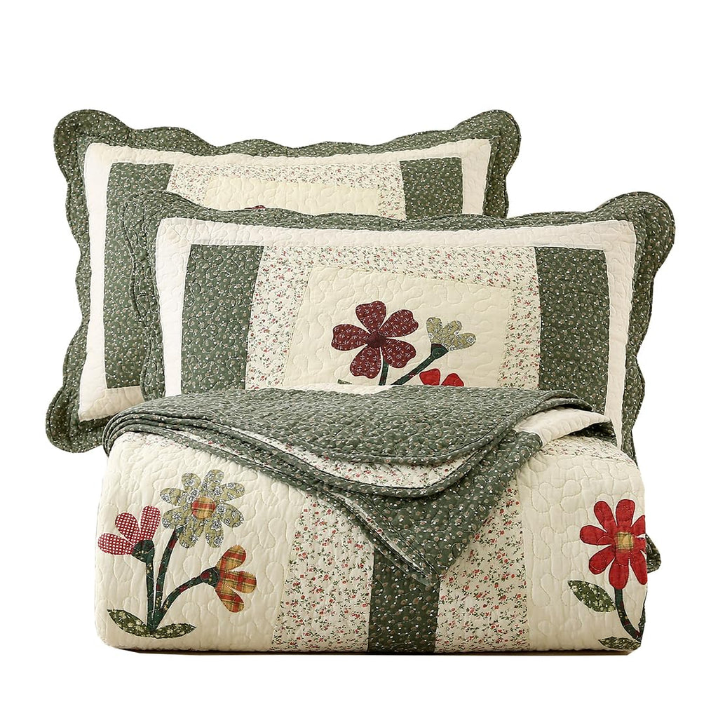 Farmhouse Green 3 Piece Embroidered Floral Quilted Bedspread Quilt Set 100% Cotton Reversible Patchwork Coverlet Set