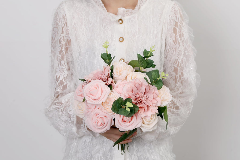 Roses Artificial Flowers Combo Pink Flowers Silk Foam Flowers with Stems for DIY Bridal Wedding Bouquet Baby Shower
