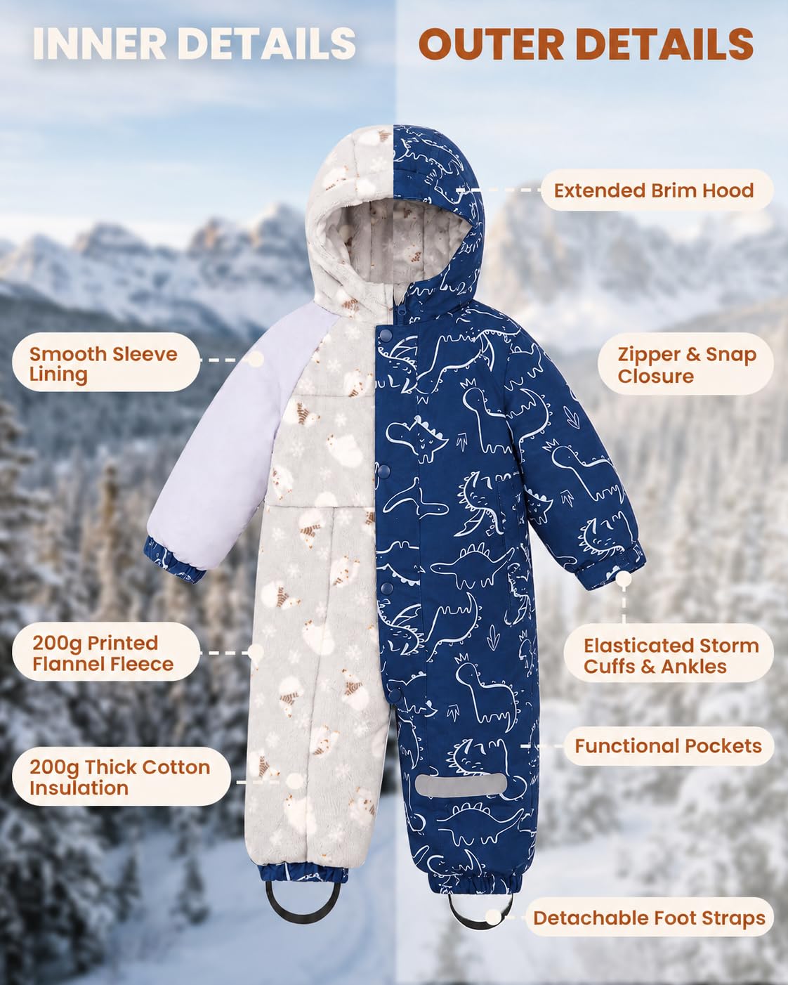Baby Toddler Snowsuit - Windproof & Waterproof Winter Kids Snow Suits Navy Dinasour