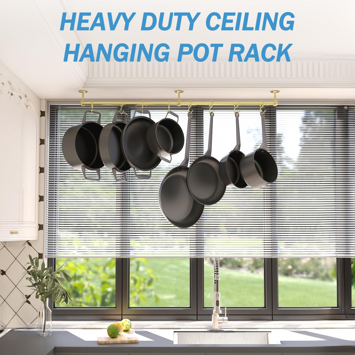 Stainless Steel Pot and Pan Hanger - 39.4 Inch Wall Mounted Hanging Pots and Pans Rack Wall Rail with Hooks (Brass)