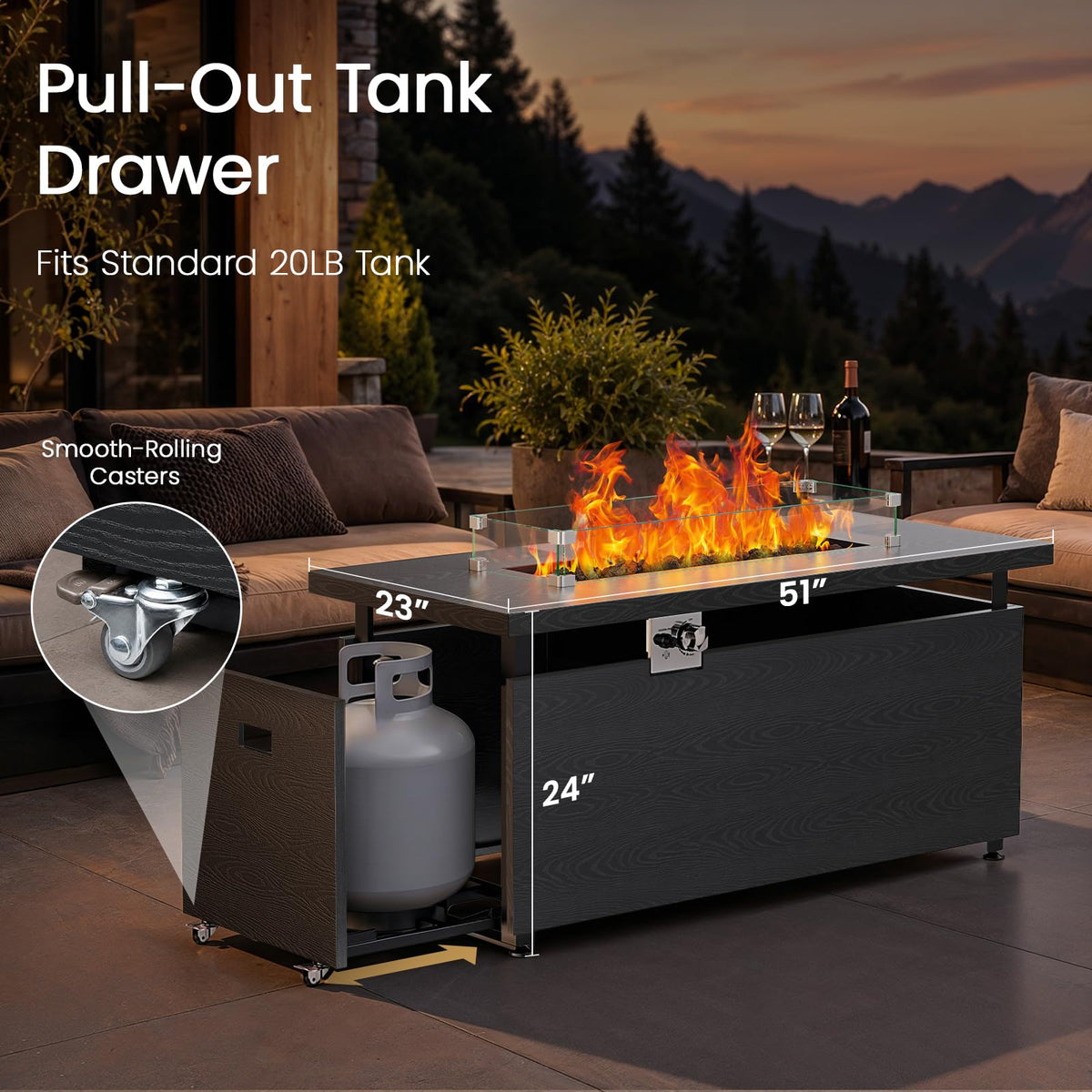 51" 4-in-1 Propane Fire Pit Table, 60000 BTU with Glass Wind Guard