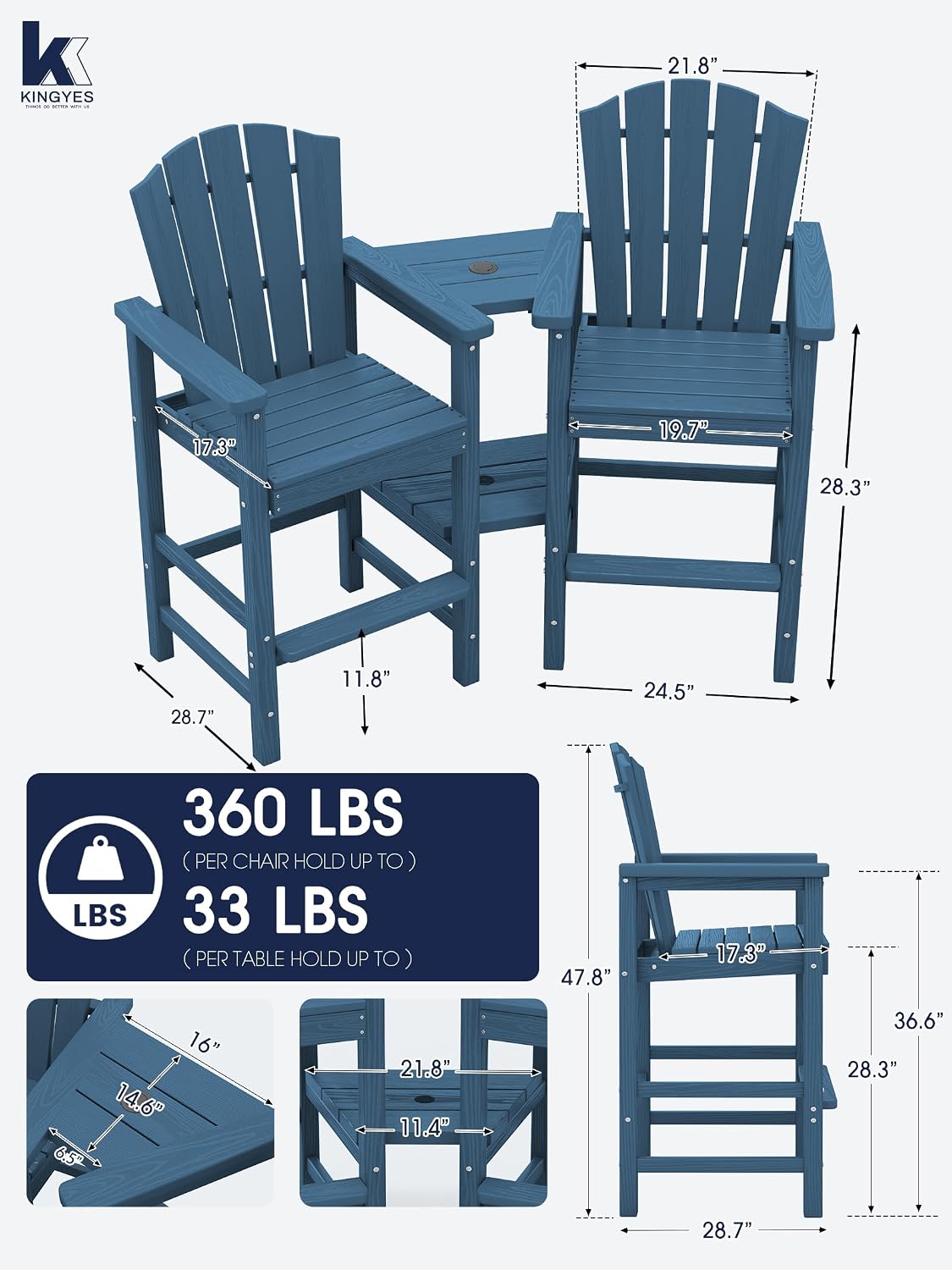 Tall Adirondack Chair Set of 2 with Double Connecting Trays, Blue | All-Weather HDPE Outdoor Adirondack Barstools