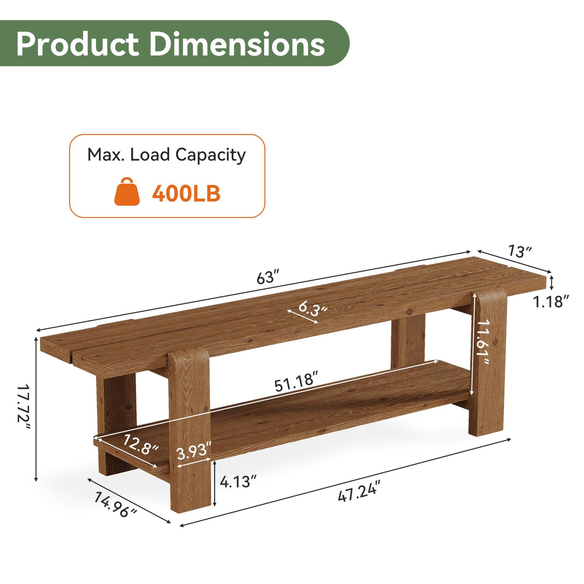 Solid Wood Entryway Bench with Shoe Storage Shelf, 63-Inch Long Farmhouse Entry Shoe Bench, End of Bed Bench