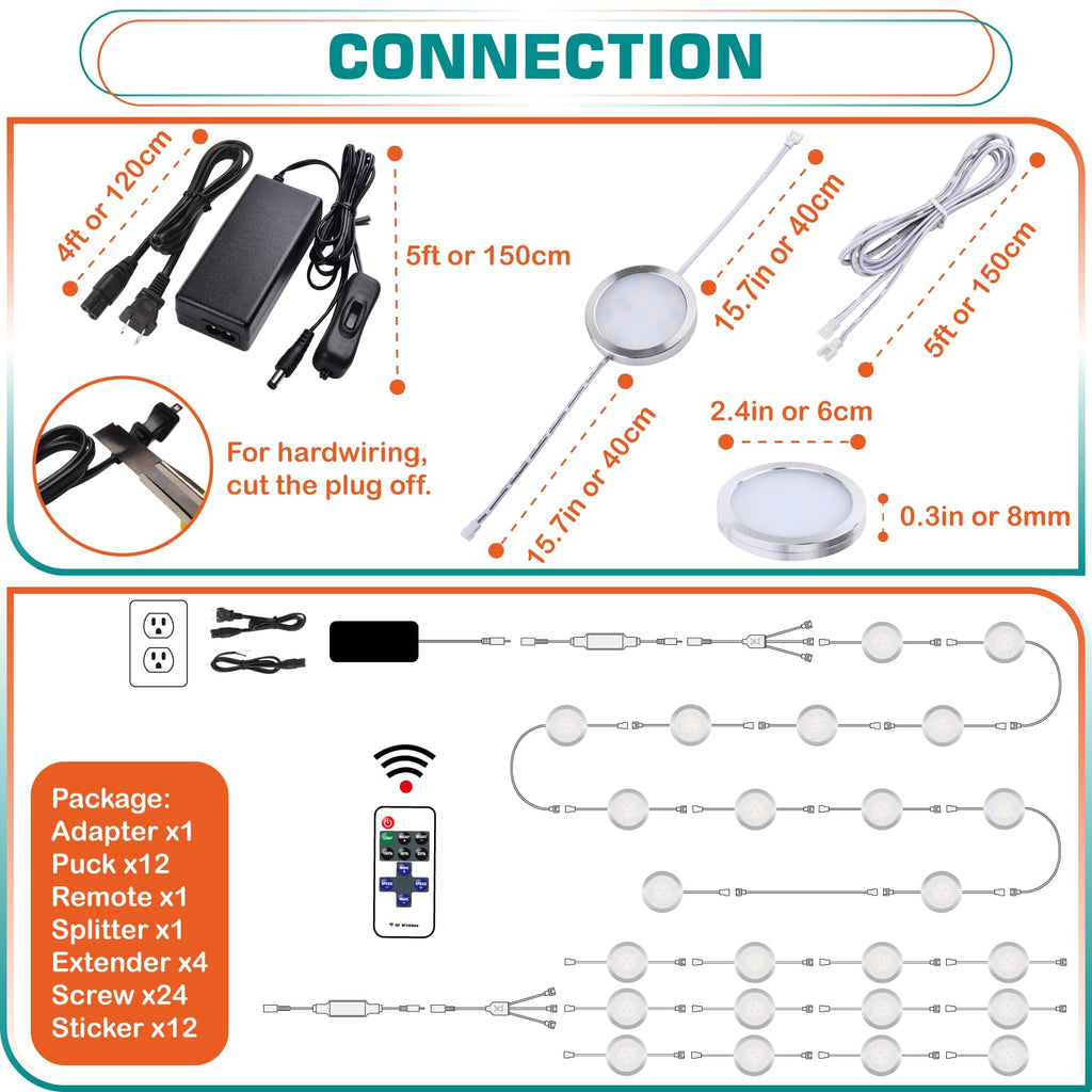 Small LED Puck Lights for Uplight or Downlight, 120V Hardwired & Plug in Cabinet Lights Kit, Wireless RF Remote