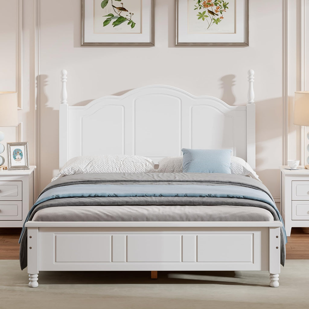 Wood Platform Bed Frame, Retro Style Wooden Bed with Headboard, Solid Pine Wood Construction, Wooden Slat