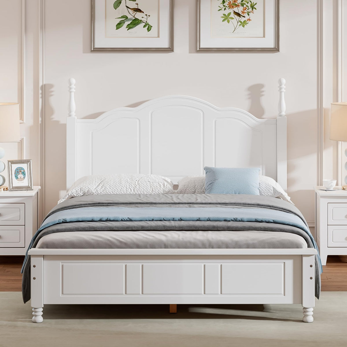 Wood Platform Bed Frame, Retro Style Wooden Bed with Headboard, Solid Pine Wood Construction, Wooden Slat