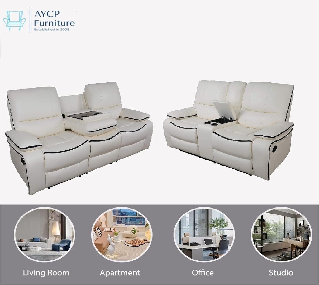 Manual Reclining Living Room Furniture, Bonded Leather Sofa w/Drop-Down Console, Loveseat w/Storage Console