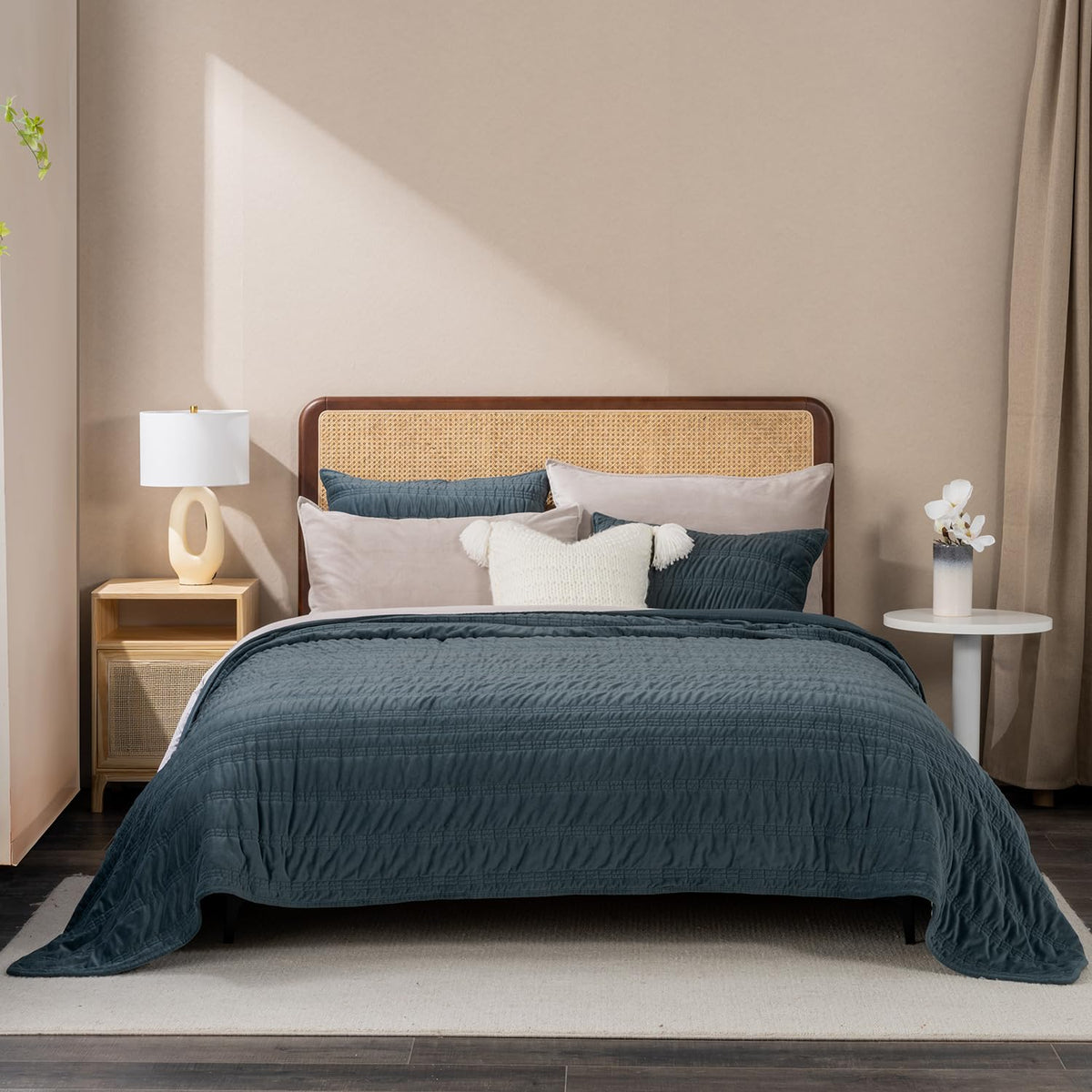 Luxury Ruched Velvet Quilt Set, Stormy Blue