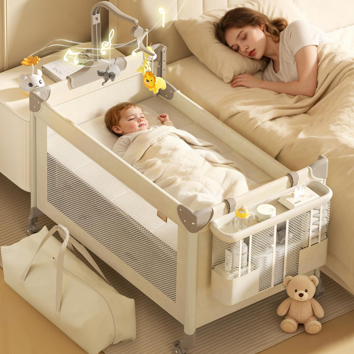 4-in-1 Play Yard with Bassinet Bedside Sleeper for Baby Playard