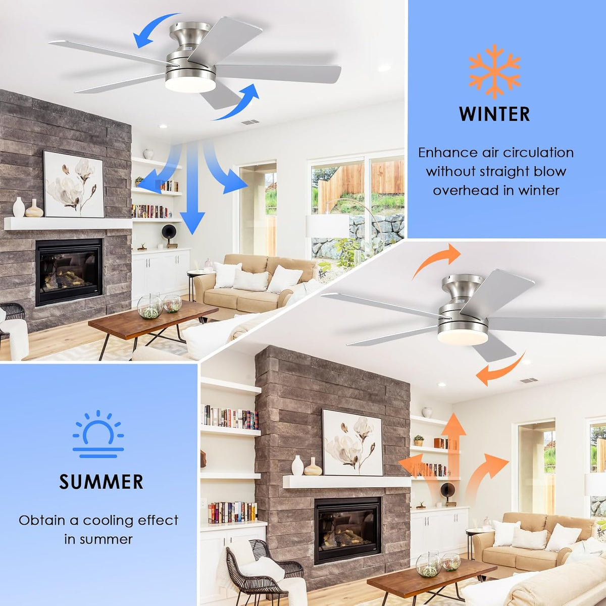 46" Nickel Outdoor Flush Mount Ceiling Fan with Light & Remote