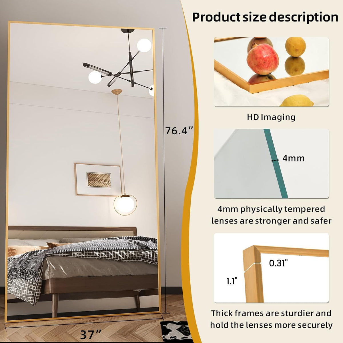 76" x 37" Full Length Mirror with Stand, Gold Large Floor Mirror