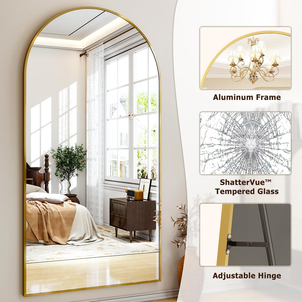 77" x 38" Arched Full Length Mirror with Gold Aluminum Frame - Oversized Floor Mirror & Gym - Wall