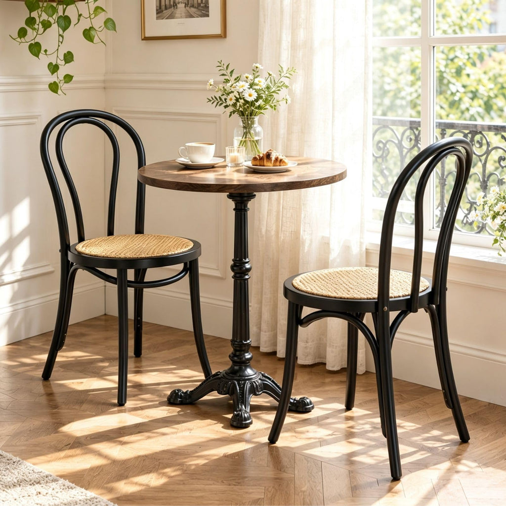 Solid Wood Dining Chairs Set of 2, French Bistro Dining Chairs, Solid Bentwood Chairs with Rattan Seat for