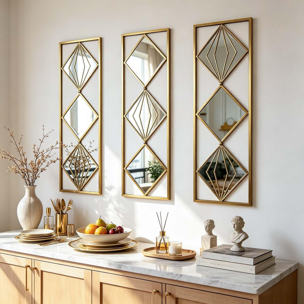 Set of 3 Gold Wall Mirrors, Large Geometric Decorative Mirrors with Metal Frames, Diamond Pattern Wall Mirror Decor