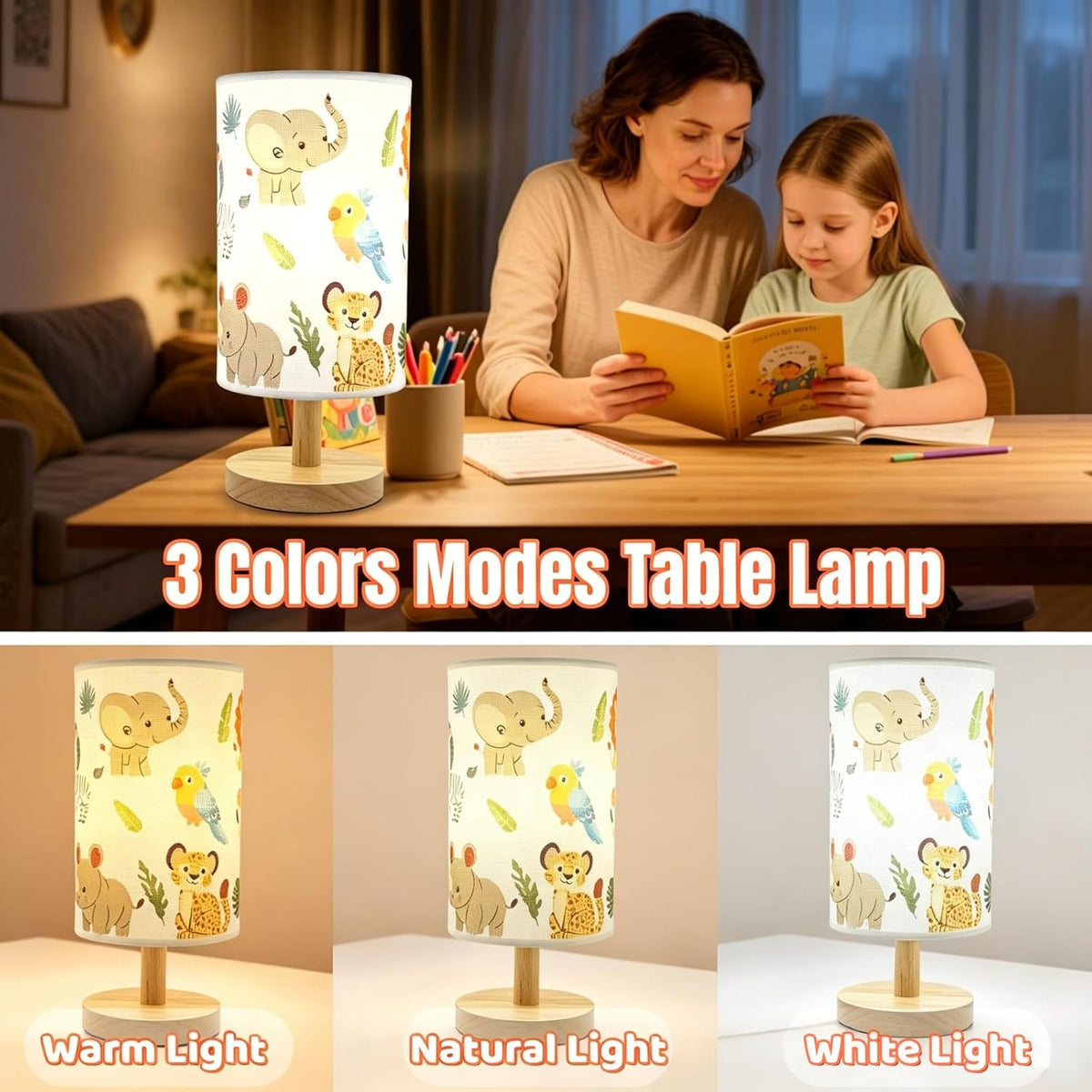 Kids Table Lamp-Night Light for Boys Room, Color LED Desk Lamp with Baby Elephant Zebra Giraffe Tiger Pattern