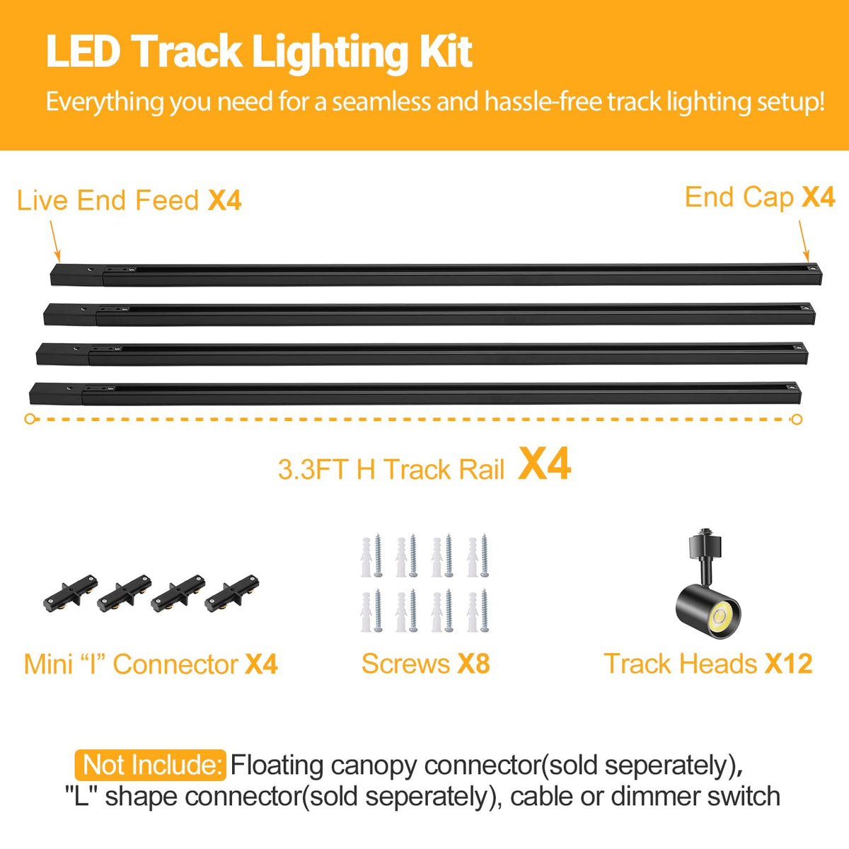 LED Track Lighting Kit with 13FT Rails, 10W Black