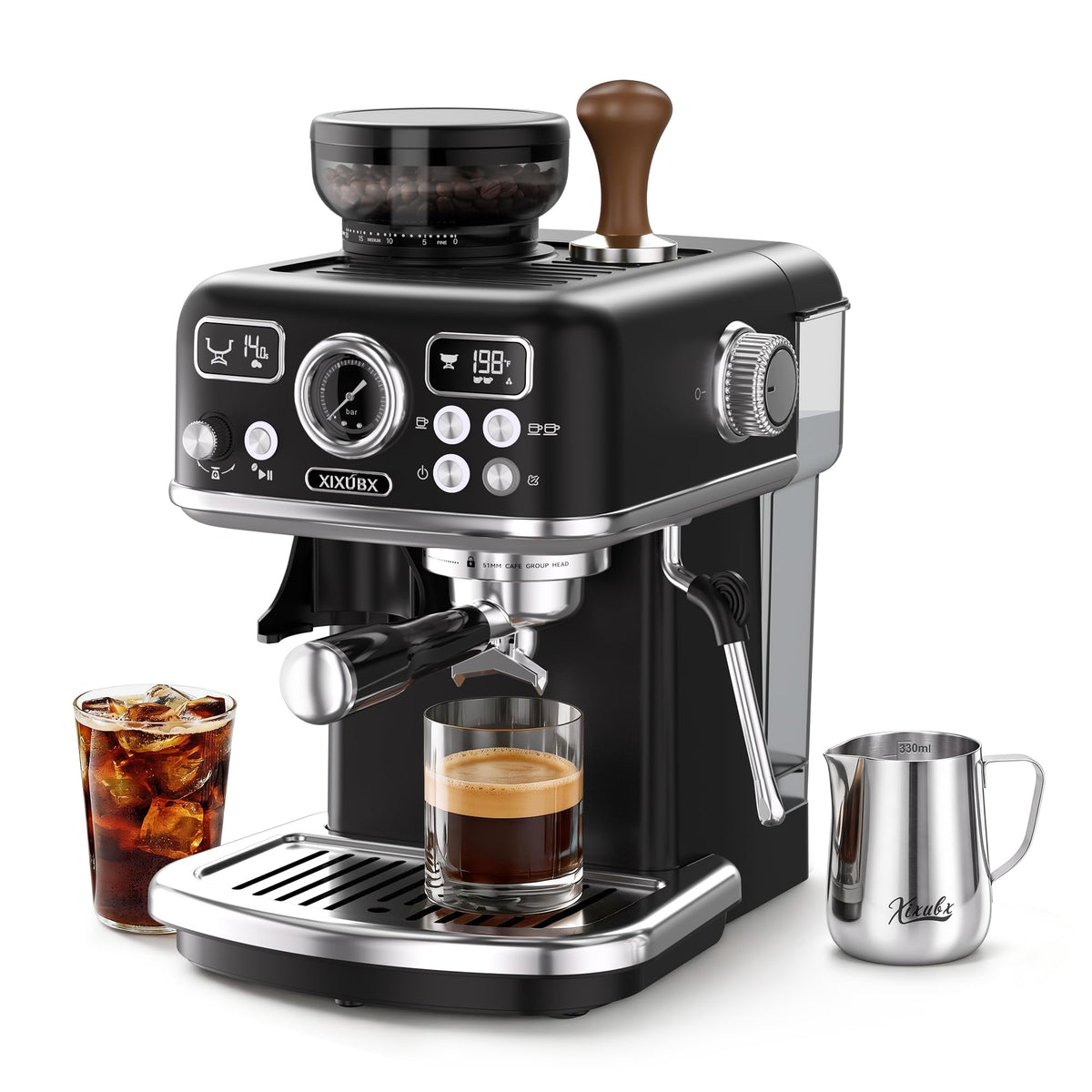 Espresso Machine with Grinder, PID & Programmable Settings, Black