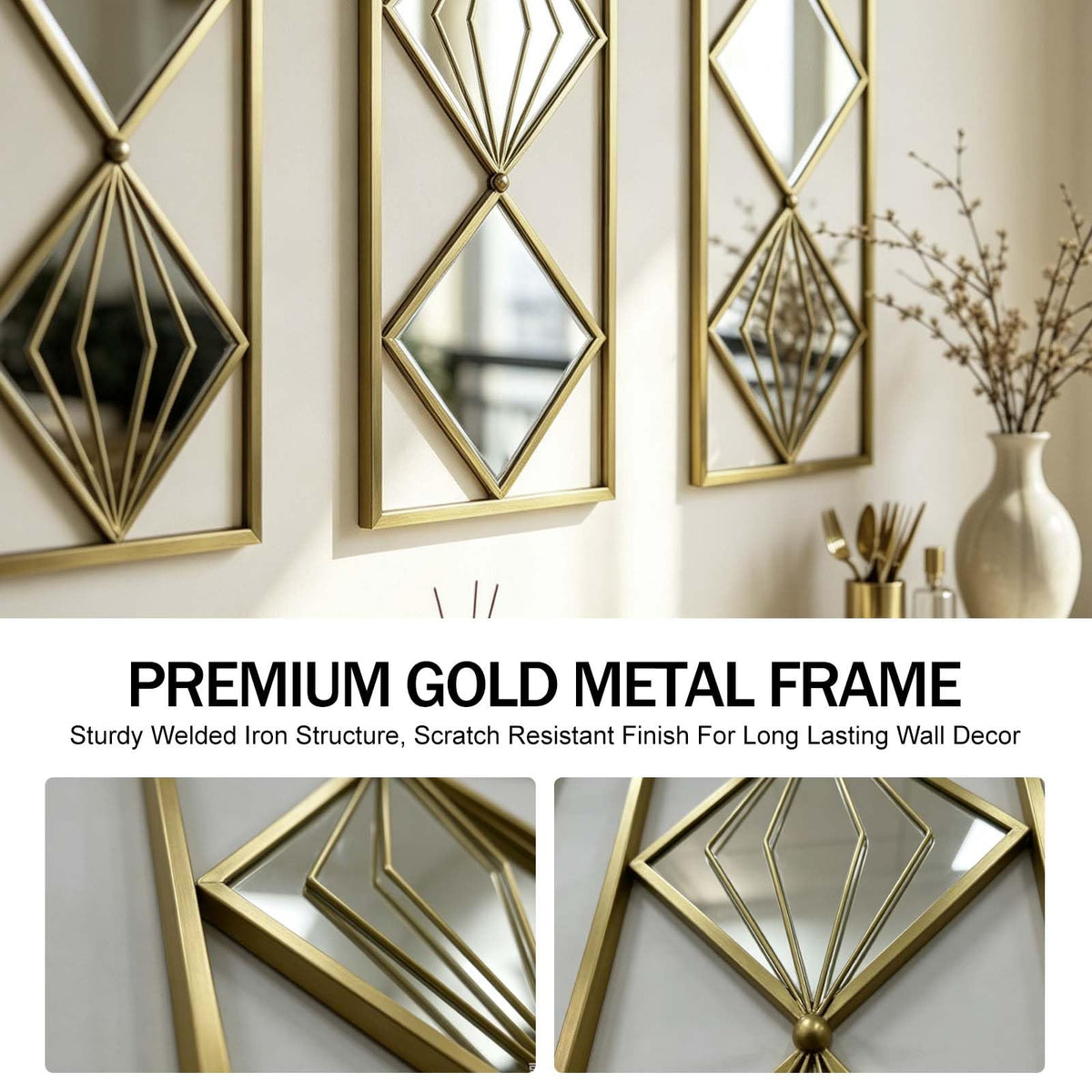 Set of 3 Gold Wall Mirrors, Large Geometric Decorative Mirrors with Metal Frames, Diamond Pattern Wall Mirror Decor
