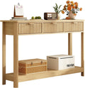 Fluted Wood Console Table with 3 Drawers, Boho Narrow Behind Couch Entryway Table with Open Storage Shelf, Modern