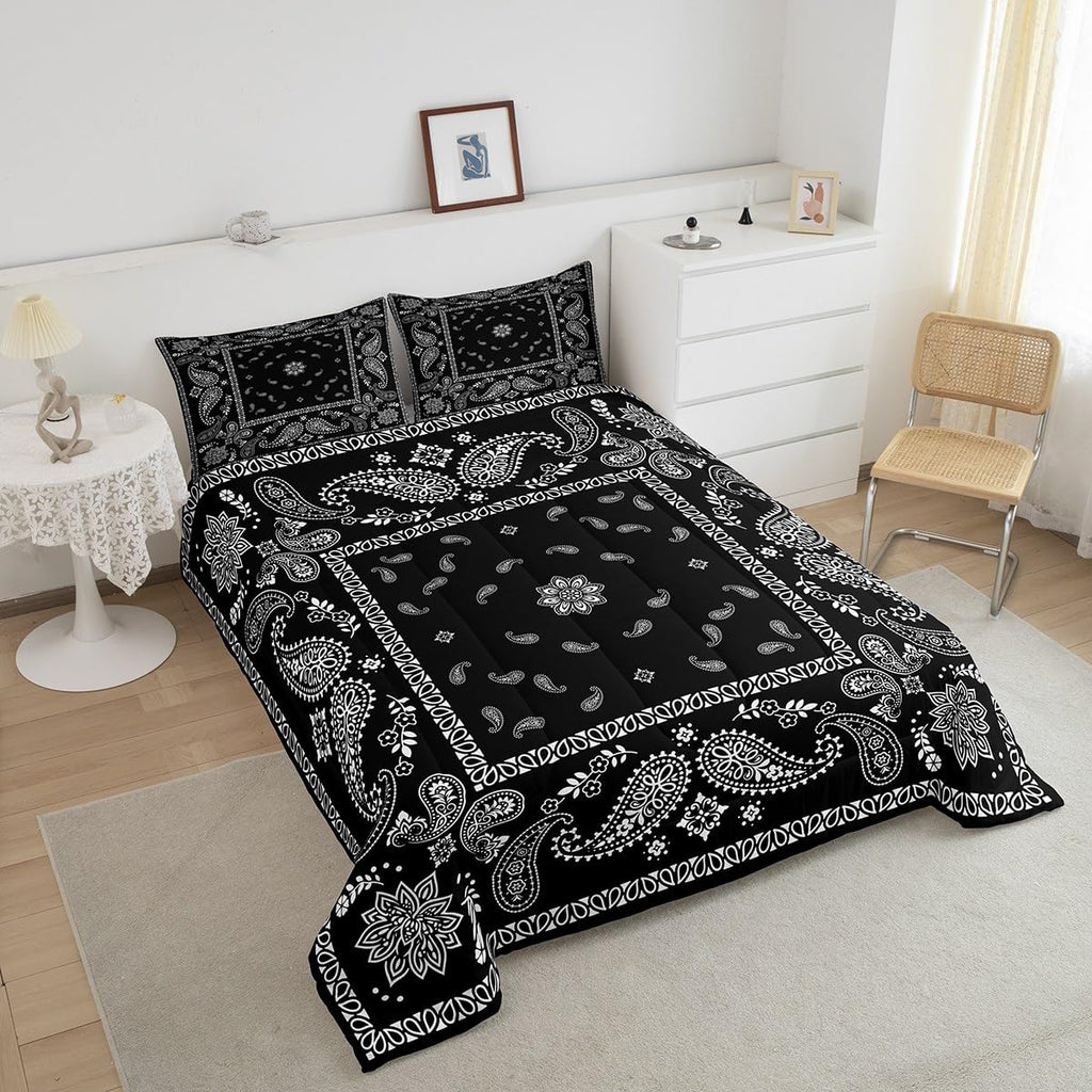 Paisley Flower Comforter Set Full Size, Boho Tribal Style Duvet Set Men Women Bedroom Decor, Traditional Datura Lotus