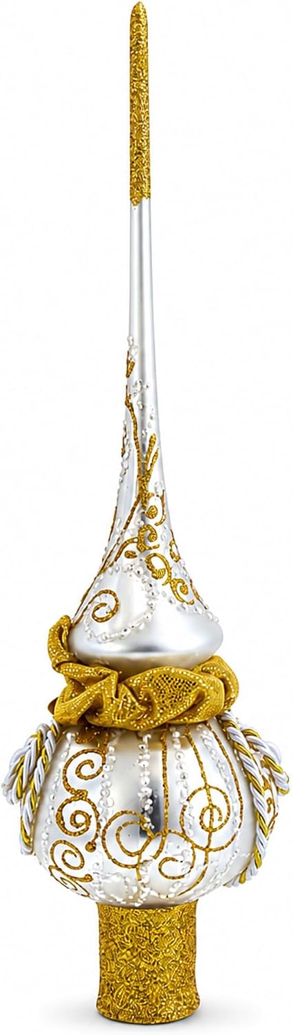 Golden Twisted Rope and Bow on White Glass Christmas Tree Topper 11 Inches