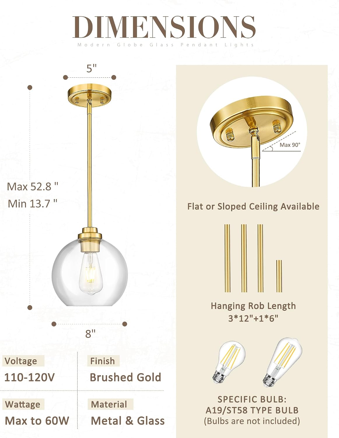 8 inch Modern Gold Pendant Light Fixtures, Mid Century Globe Pendant Lights with Clear Glass, 1 Light Hanging Lights